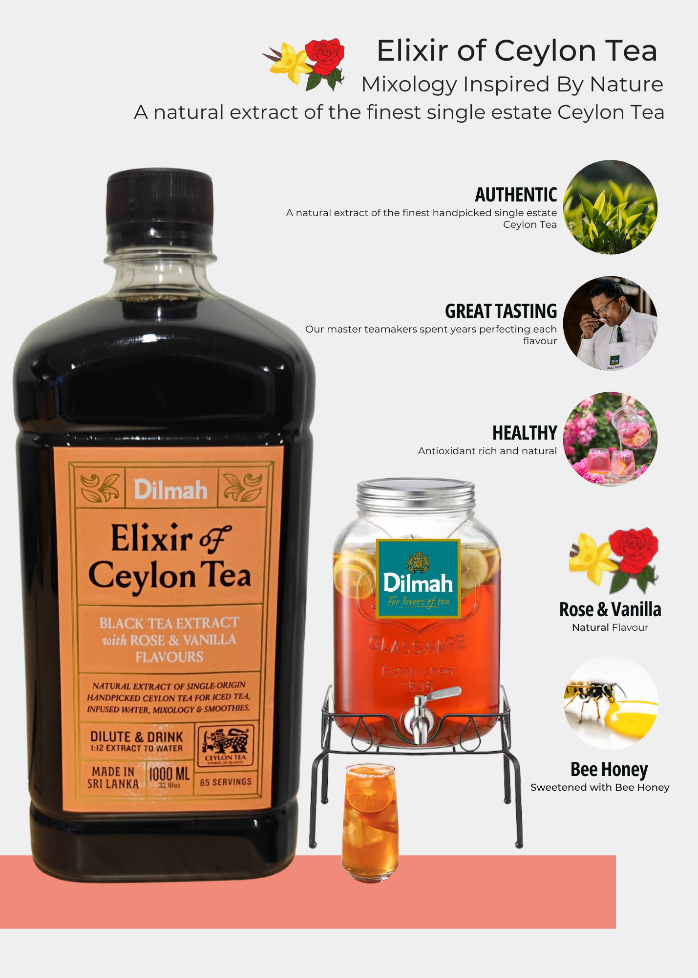 Dilmah Natural Ceylon Tea Extract Rose & Vanilla 1 Ltr  6 Bottles