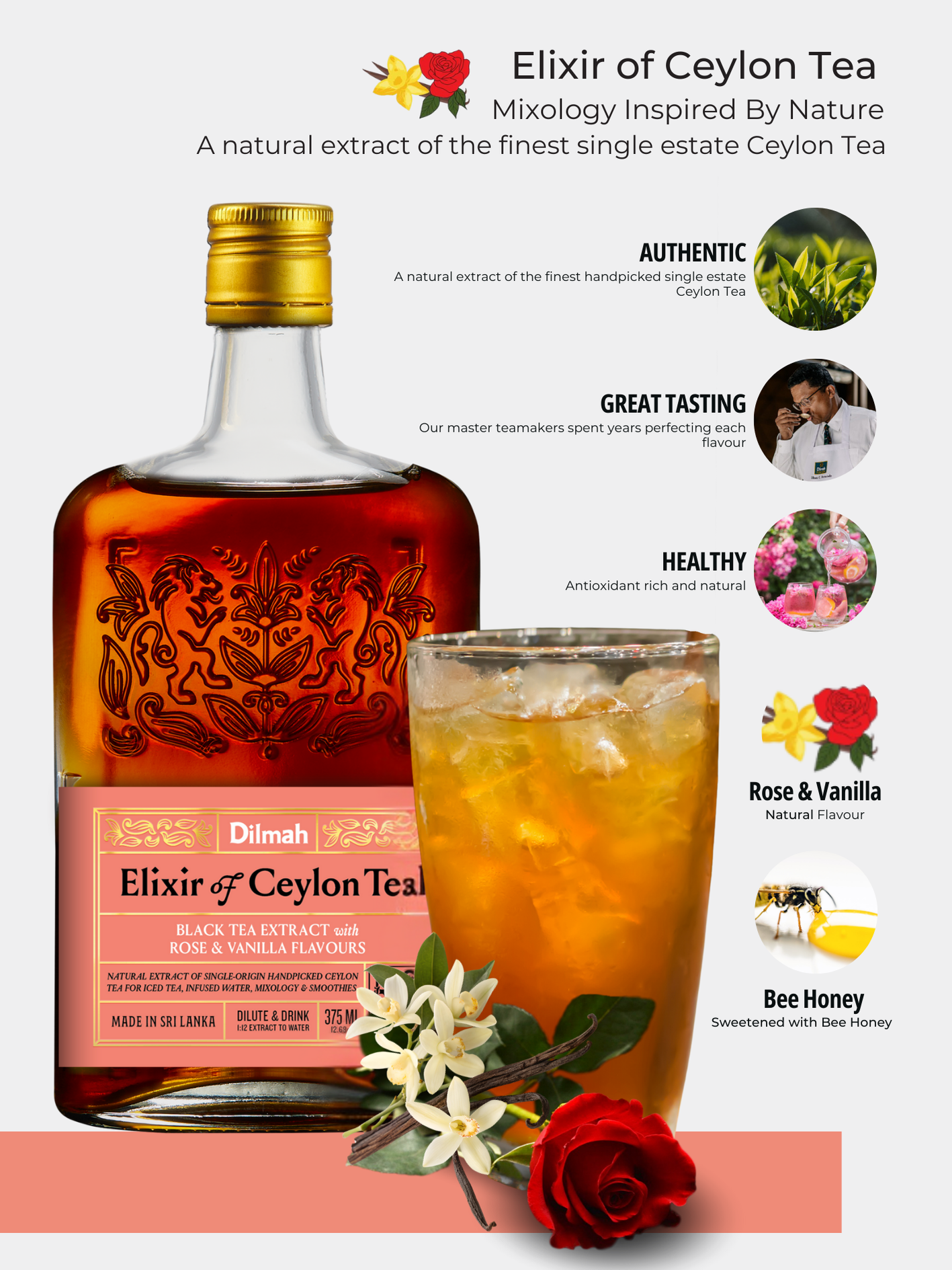 Dilmah Natural Ceylon Tea Extract Rose & Vanilla 1 Ltr  6 Bottles